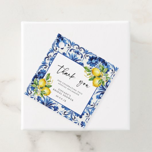 Mediterranean Blue Tiles Lemons Bridal Shower Bedankjes Labels (In situ)