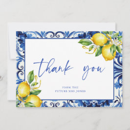 Mediterranean Blue Tiles Lemons Bridal Shower Bedankkaart