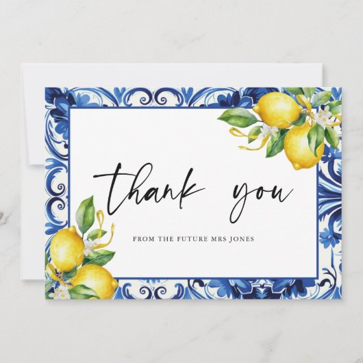 Mediterranean Blue Tiles Lemons Bridal Shower Bedankkaart (Voorkant)