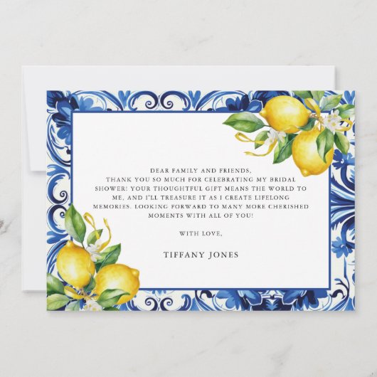 Mediterranean Blue Tiles Lemons Bridal Shower Bedankkaart (Achterkant)