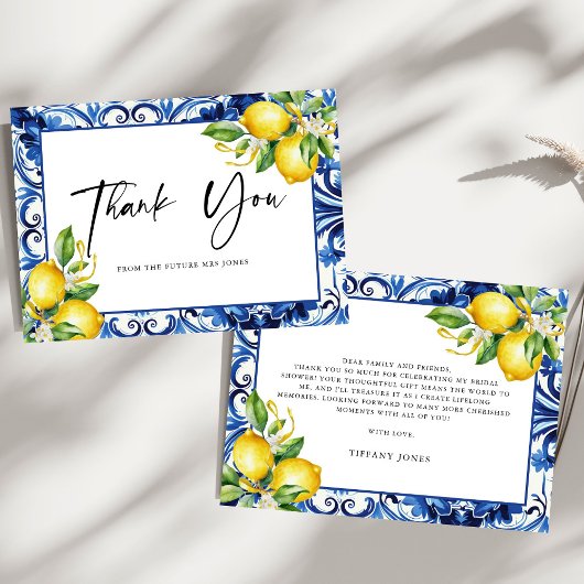 Mediterranean Blue Tiles Lemons Bridal Shower Bedankkaart