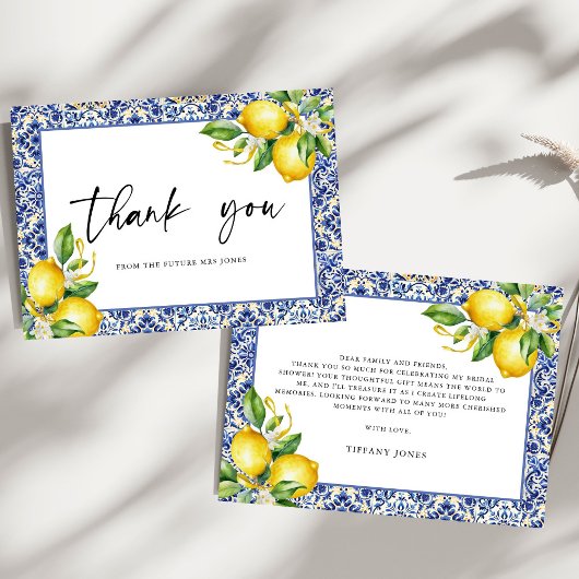 Mediterranean Blue Tiles Lemons Bridal Shower Bedankkaart