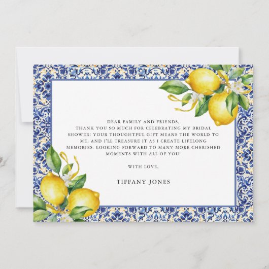 Mediterranean Blue Tiles Lemons Bridal Shower Bedankkaart (Achterkant)