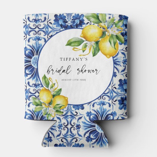 Mediterranean Blue Tiles Lemons Bridal Shower Blikjeskoeler (Achterkant)