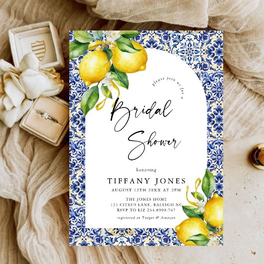 Mediterranean Blue Tiles Lemons Bridal Shower Kaart