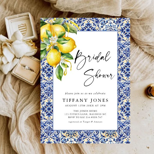 Mediterranean Blue Tiles Lemons Bridal Shower Kaart