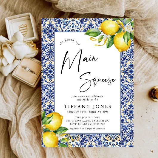 Mediterranean Blue Tiles Lemons Bridal Shower Kaart