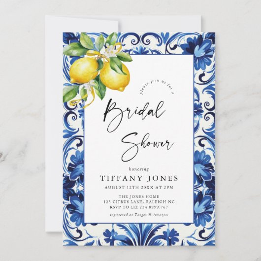 Mediterranean Blue Tiles Lemons Bridal Shower Kaart (Voorkant)