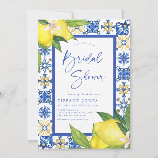 Mediterranean Blue Tiles Lemons Bridal Shower Kaart (Voorkant)