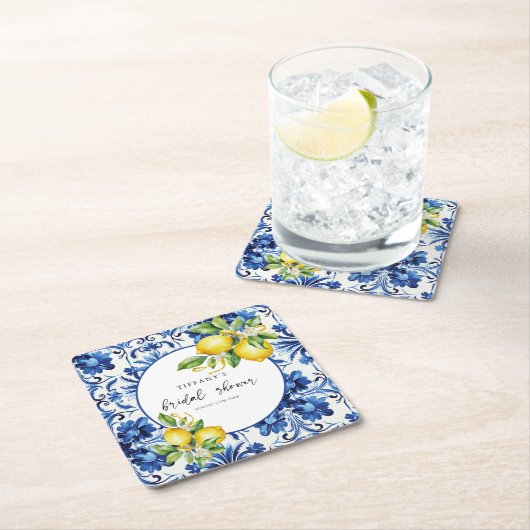Mediterranean Blue Tiles Lemons Bridal Shower Kartonnen Onderzetters (Insitu)