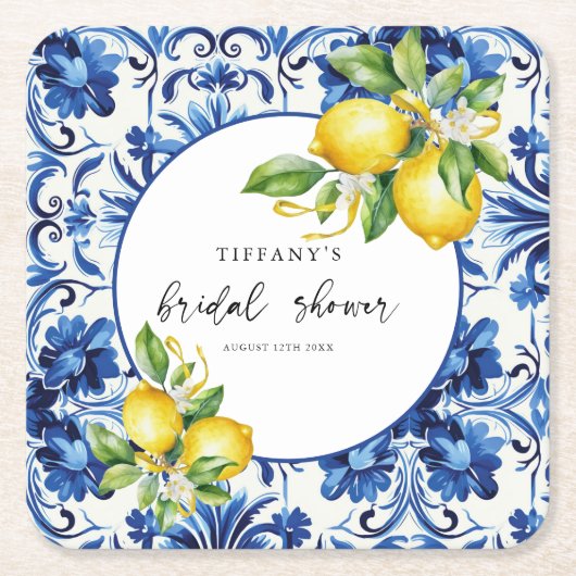 Mediterranean Blue Tiles Lemons Bridal Shower Kartonnen Onderzetters (Voorkant)