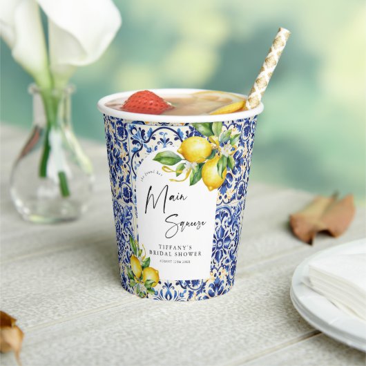 Mediterranean Blue Tiles Lemons Bridal Shower Papieren Bekers (Insitu)