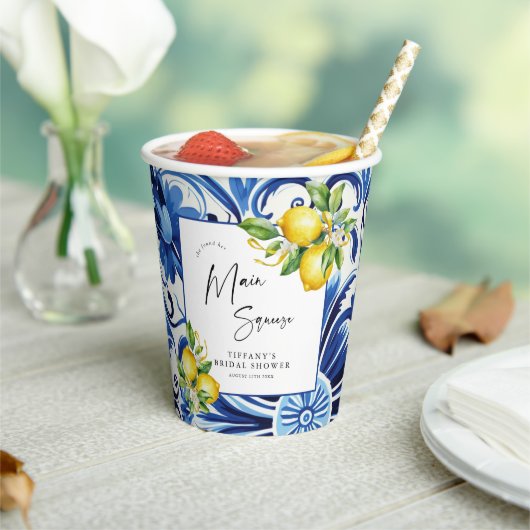 Mediterranean Blue Tiles Lemons Bridal Shower Papieren Bekers (Insitu)