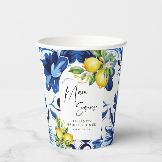 Mediterranean Blue Tiles Lemons Bridal Shower Papieren Bekers (Achterkant)