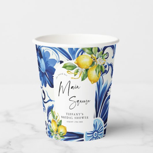 Mediterranean Blue Tiles Lemons Bridal Shower Papieren Bekers (Voorkant)