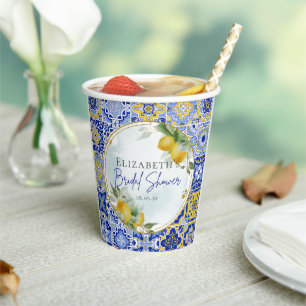 Mediterranean Blue Tiles Lemons Bridal Shower Papieren Bekers