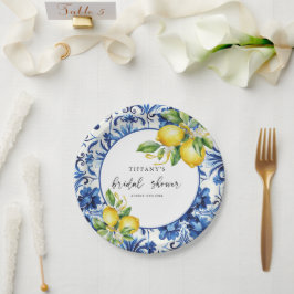 Mediterranean Blue Tiles Lemons Bridal Shower Papieren Bordje