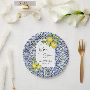 Mediterranean Blue Tiles Lemons Bridal Shower Papieren Bordje