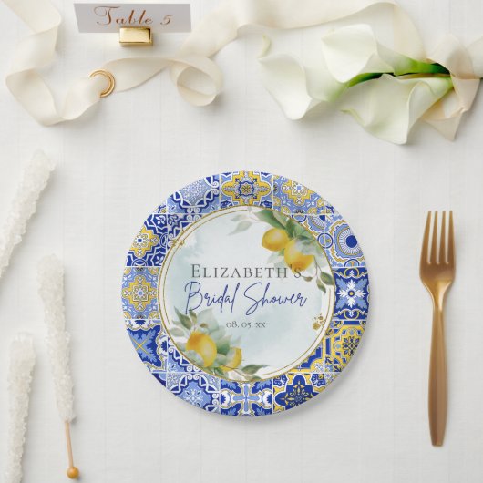 Mediterranean Blue Tiles Lemons Bridal Shower Papieren Bordje (Huwelijk)
