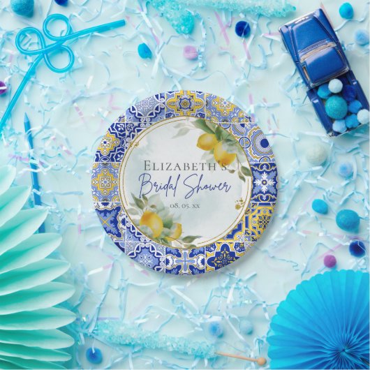 Mediterranean Blue Tiles Lemons Bridal Shower Papieren Bordje (Feest)
