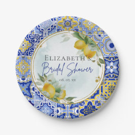 Mediterranean Blue Tiles Lemons Bridal Shower Papieren Bordje