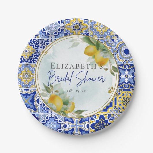 Mediterranean Blue Tiles Lemons Bridal Shower Papieren Bordje (Voorkant)