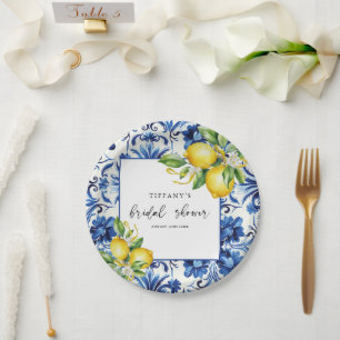 Mediterranean Blue Tiles Lemons Bridal Shower Papieren Bordje