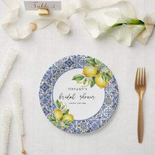 Mediterranean Blue Tiles Lemons Bridal Shower Papieren Bordje