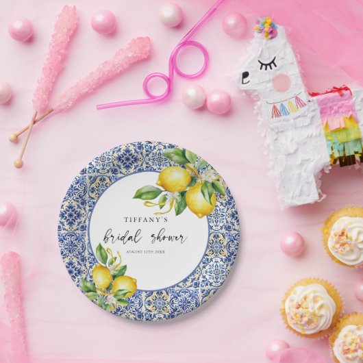 Mediterranean Blue Tiles Lemons Bridal Shower Papieren Bordje (Feest)