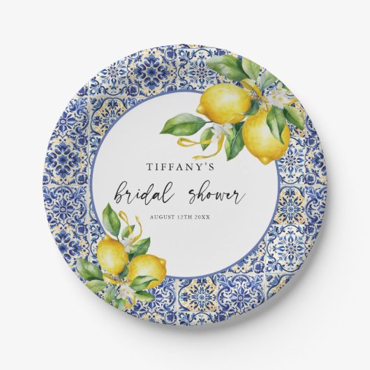 Mediterranean Blue Tiles Lemons Bridal Shower Papieren Bordje (Voorkant)