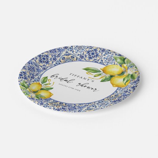 Mediterranean Blue Tiles Lemons Bridal Shower Papieren Bordje (Gekanteld)