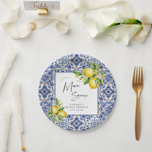 Mediterranean Blue Tiles Lemons Bridal Shower Papieren Bordje (Huwelijk)