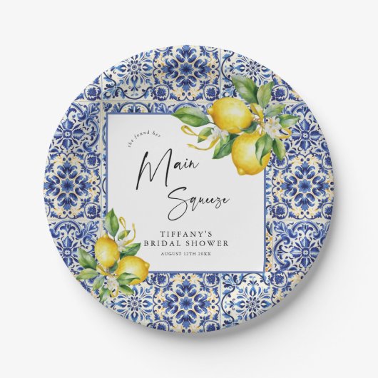 Mediterranean Blue Tiles Lemons Bridal Shower Papieren Bordje (Voorkant)