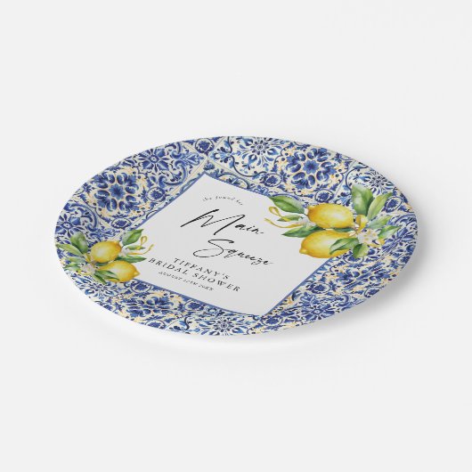Mediterranean Blue Tiles Lemons Bridal Shower Papieren Bordje (Gekanteld)