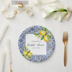 Mediterranean Blue Tiles Lemons Bridal Shower Papieren Bordje