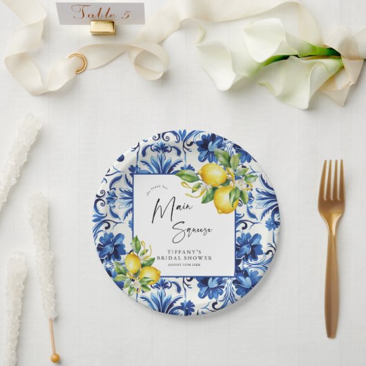 Mediterranean Blue Tiles Lemons Bridal Shower Papieren Bordje (Huwelijk)