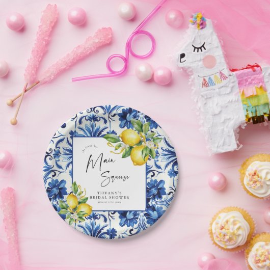 Mediterranean Blue Tiles Lemons Bridal Shower Papieren Bordje (Feest)