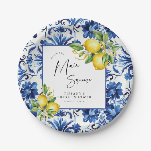 Mediterranean Blue Tiles Lemons Bridal Shower Papieren Bordje (Voorkant)