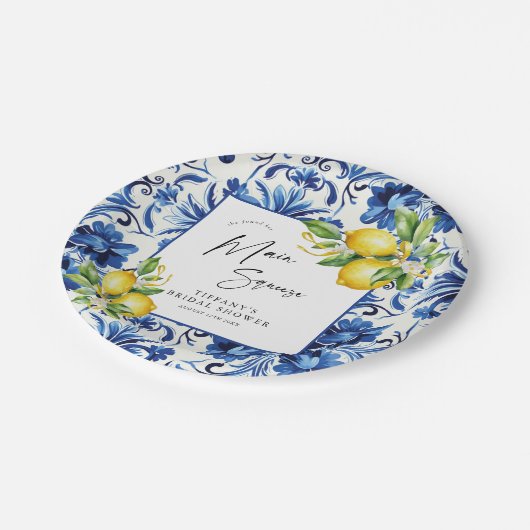 Mediterranean Blue Tiles Lemons Bridal Shower Papieren Bordje (Gekanteld)