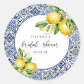 Mediterranean Blue Tiles Lemons Bridal Shower Ronde Sticker (Voorkant)