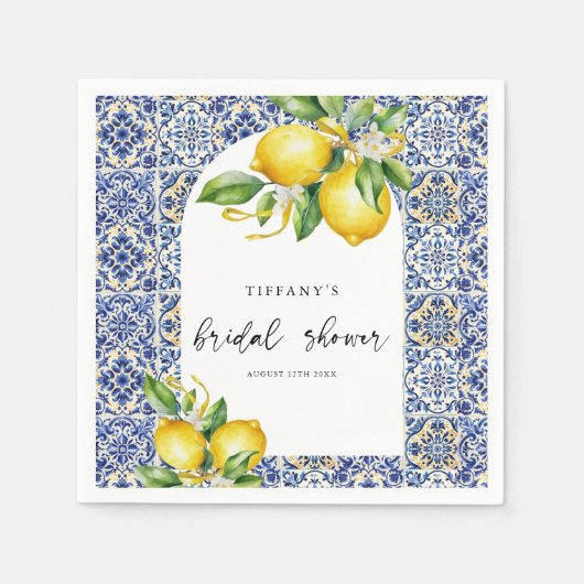 Mediterranean Blue Tiles Lemons Bridal Shower Servet (Voorkant)