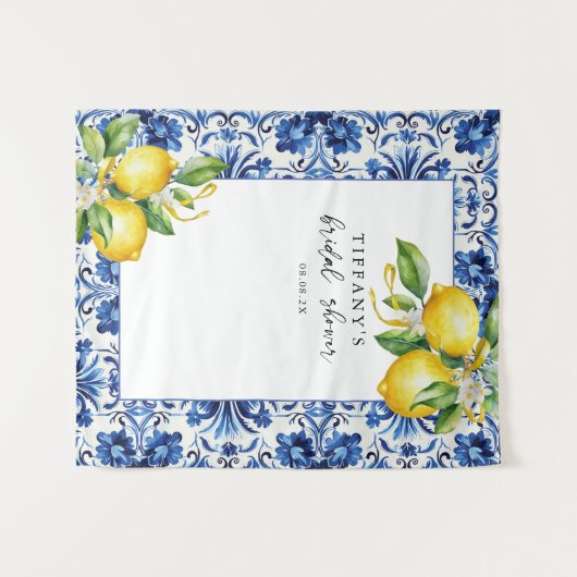 Mediterranean Blue Tiles Lemons Bridal Shower Wandkleed (Voorkant (horizontaal))