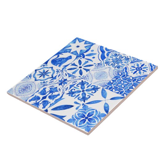 Mediterranean Blue White Tile Pattern Watercolor  Tegeltje (Zijkant)