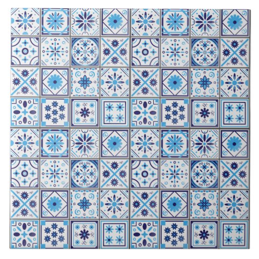 Mediterranean Blue White Tile Pattern Watercolor Tegeltje (Voorkant)