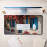 Mediterranean Blue Window Floral House Desk Mat<br><div class="desc">A beautiful desk mat featuring a charming Mediterranean-style house with bright blue windows, white walls, and vibrant pink flowers cascading around the doorway. This scenic design adds warmth, color, and a relaxing coastal village vibe to your workspace.</div>