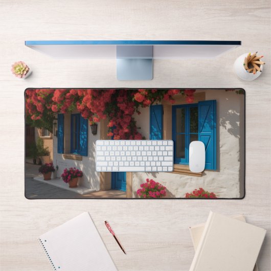 Mediterranean Blue Window Floral House Desk Mat (Kantoor 1)