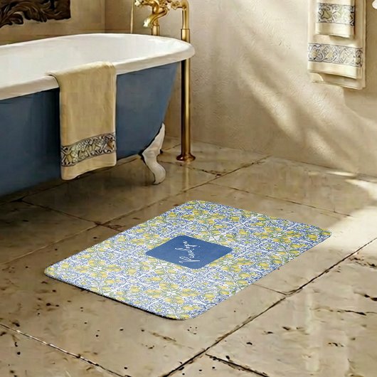 Mediterranean Blue & Yellow Lemon Tile Pattern Badmat