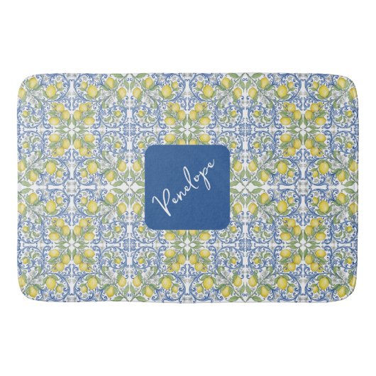 Mediterranean Blue & Yellow Lemon Tile Pattern Badmat (Voorkant)