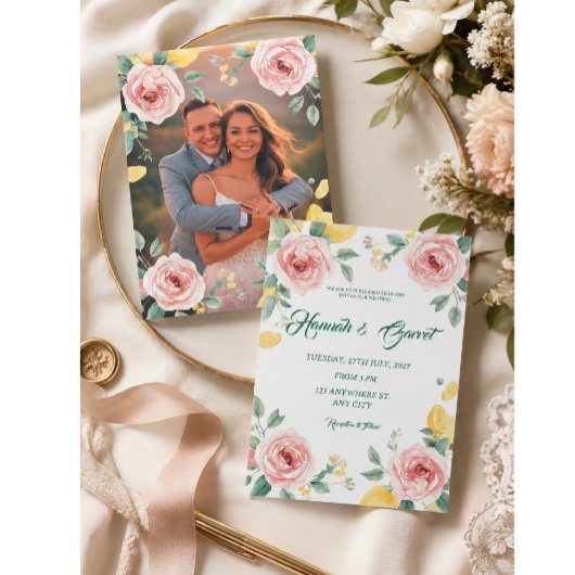 Mediterranean Blush Roos & Citroen trouwfeest Kaart