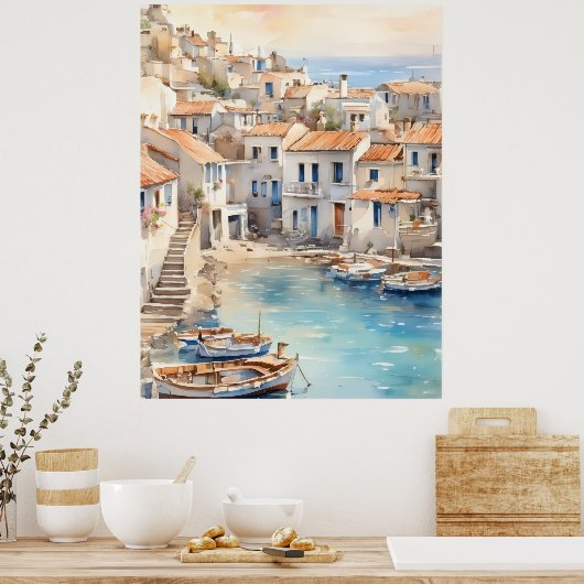 Mediterranean boho watercolor village  poster (Keuken)
